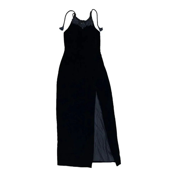 Dave & Johnny Black Velvet Front Slit Appliqué Halter Maxi Dress 10 - Picture 1 of 5